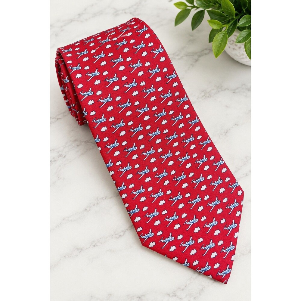 Vineyard Vines Men’s Silk Tie Red Airplane Clouds Aviation Novelty Necktie